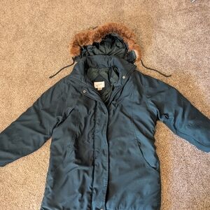 Jacqueline Ferrar Teal Dark Green Women's Coat With Faux Fur